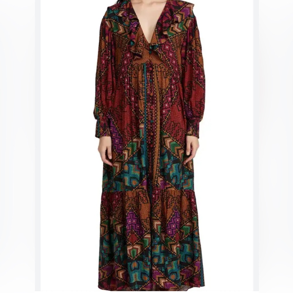 Farm Rio Yawanawá Stripes Maxi Dress NWT Beaded Buttons L/XL Boho